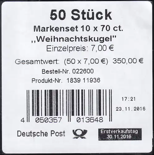 FB 61 Boule de Noël 2016, BANDEROLE feuille pour 50 pièces