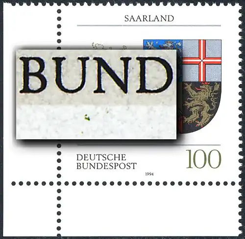 1712 Saarland - grüne Flecken unter UN von BUNDESPOST, Feld 21, **