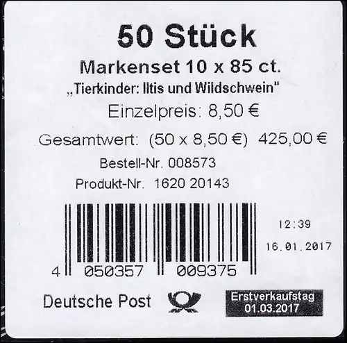 FB 64 Tierkinder Wildschwein und Iltis, Folienblatt-BANDEROLE ohne DHL-Code