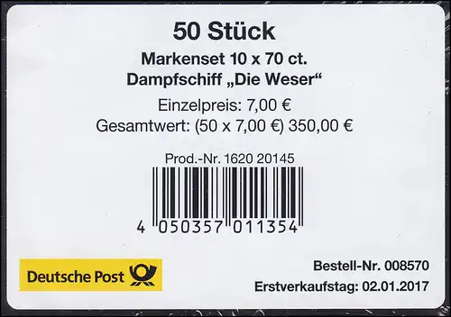 FB 62 Dampfschiff Die Weser 2017, Folienblatt-BANDEROLE ohne DHL-Code