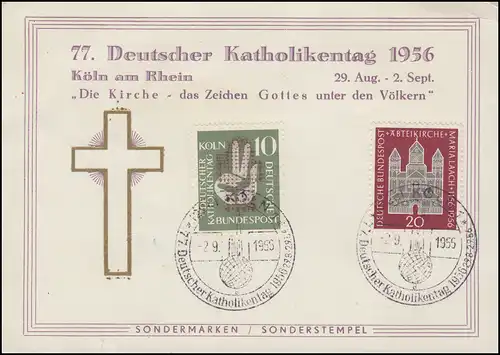 Sonderkarte Deutscher Katholikentag 1956 mit 238+239 passender SSt KÖLN 2.9.56
