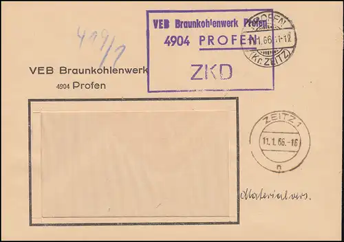 ZKD-Brief VEB Braunkohlenwerk PROFEN 11.1.66 nach ZEITZ 11.1.66