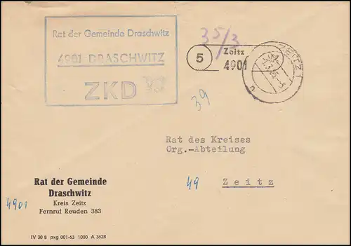 ZKD-Brief Rat der Gemeinde Draschwitz Orts-Brief ZEITZ 1.3.65 an den Kreisrat