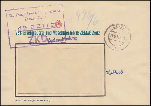 Lettre de fenêtre ZKD VEB Fonderie de fer et usine de machines ZEMAG Zeitz 11.6.65