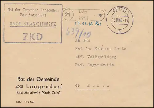 Lettre ZKD Conseil de la municipalité de Langendorf Post Staschwitz Lieu lettre ZEITZ 18.10.66