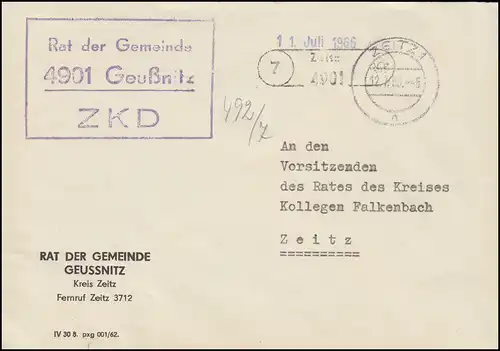 ZKD-Brief Rat der Gemeinde Geußnitz auf Orts-Brief ZEITZ 12.7.66 an das Kreisamt