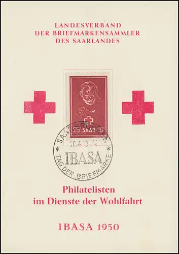 292 Rotes Kreuz 1950 auf Schmuck-Karte mit ESSt SAARBRÜCKEN IBASA 28.4.50