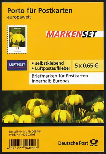 FB 2 Sonnenhut 2009, Folienblatt 5x2715, mit Luftpost-Aufkleber, EV-O Bonn
