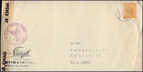 927 25 Pf auf Zensur-Brief U.S. CIVIL CENSORSHIP aus WEISSDORF 2.11.46