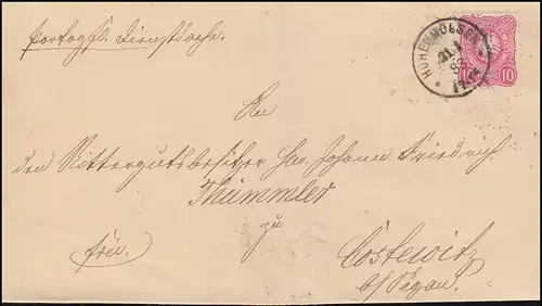 41 Ziffer 10 Pfennig EF auf Brief HOHENMÖLSEN 21.1.1883 nach Costewitz/Pegau