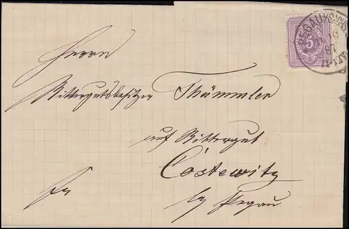 40 Ziffer 5 Pfennig EF auf Brief PEGAU/SACHSEN 11.10.1887 nach Costewitz/Pegau