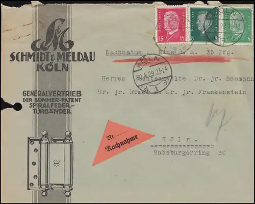 411+412+414 Ebert-Hindenburg-MiF portogerecht auf NN-Orts-Brief KÖLN 30.4.1929 