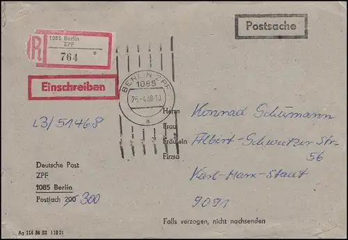 Postsache Deutsche Post ZPF Brief als Einschreiben 1085 BERLIN ZPF 26.4.1988
