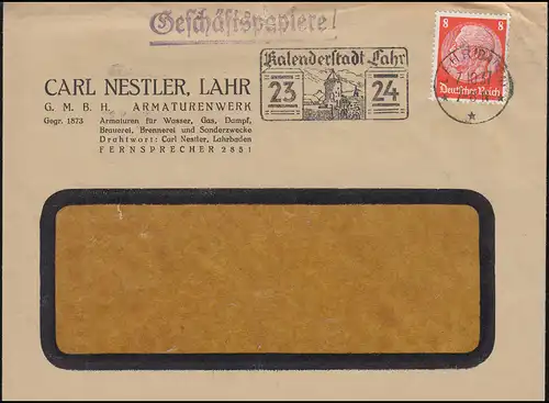 Hindenburg 8 Pf. als EF auf Brief Geschäftspapiere LAHR Kalenderstadt 7.10.1937