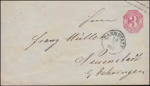 Württemberg Umschlag U 17 aus CANNSTATT 14.4. nach NEUENSTADT a.d.L. 15.11.