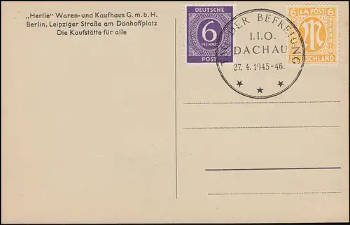Sonderstempel TAG DER BEFREIUNG I.I.L. DACHAU 27.4.1945-46 auf Ansichtskarte