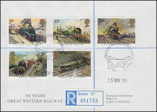 Großbritannien 1017-1021 Berühmte Reisezüge Satz auf R-Bf. SSt BRISTOL 15.11.85