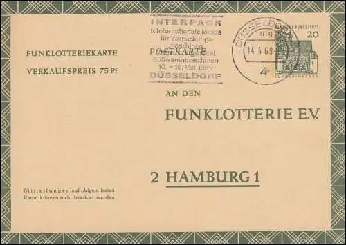 Carte postale de loterie radio FP 12 timbres publicitaires INTERPACK DÜSSELDORF 14.4.69