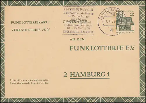 Funklotterie-Postkarte FP 12 Werbestempel INTERPACK DÜSSELDORF 14.4.69