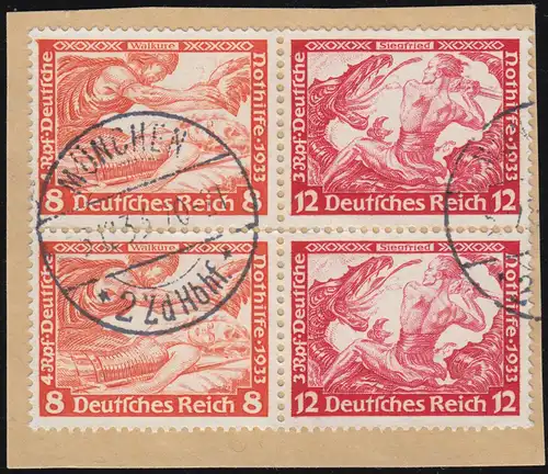 W57 Nothilfe/Wagner-ZD 8/12 Pf. zweimal im Vbl. auf Briefstück MÜNCHEN 5.12.33