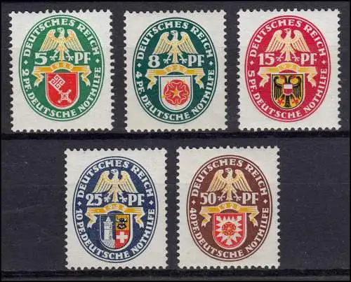 430-334 Nothilfe Landeswappen 1929, komplett 5 Werte, Satz postfrisch **