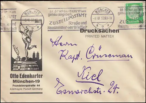 Hindenburg 5 Pf. Drucksache MÜNCHEN 8.10.32 mit Zustellpostamt-Werbung nach Kiel