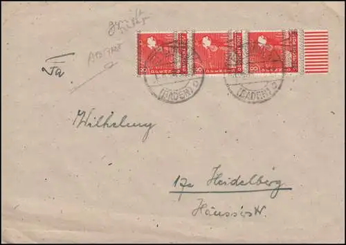 38I Band MeF Streifen verschobener Aufdruck Brief ETTLINGEN 10.8.48 BPP-geprüft