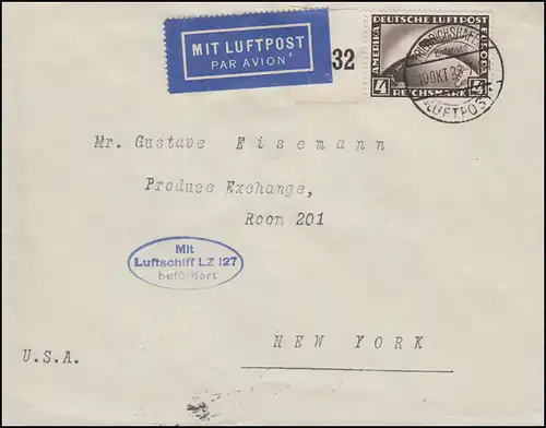 Zeppelin-Post Luftschiff LZ 127 Brief FRIEDRICHSHAFEN 10.10.28 nach New York