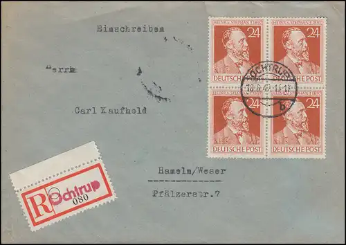 963 Heinrich von Stephan 24 Pf en tant que bloc à quatre roues sur la lettre R OCHTRUP 18.6.47