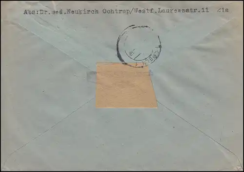 963 Heinrich von Stephan 24 Pf als Viererblock auf R-Brief OCHTRUP 18.6.47