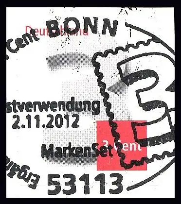 2967 Drei Cent SELBSTKLEBEND aus Folienblatt, Erstverwendungsstempel 2.11.2012 