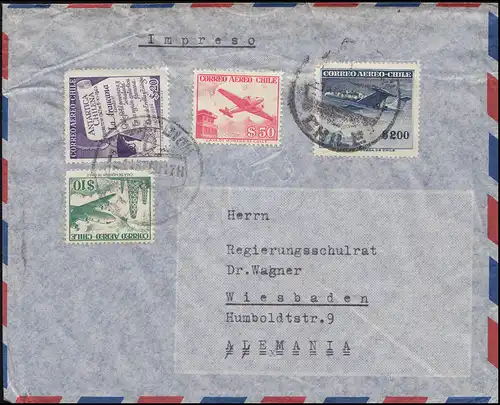 Chili Lettre d'information CONCEPTION 1950 Timbres de vol / avions vers Wiesbaden