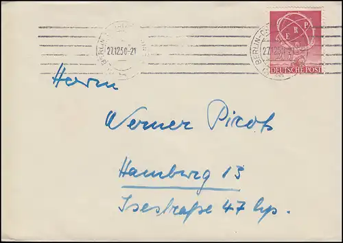 71 ERP als EF auf Brief BERLIN-CHARLOTTENBURG 27.12.50 nach Hamburg