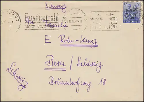 194 SBZ-Aufdruck als EF auf Auslands-R-Brief LEIPZIG 10.12.48 in die Schweiz