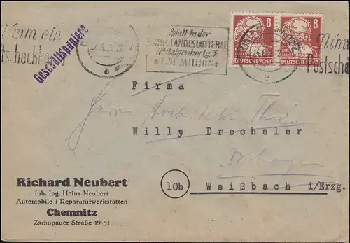 214 Karl Mark als MeF auf Geschäftspapiere CHEMNITZ 24.6.49 nach Weißbach