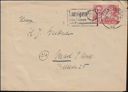 229 Liebknecht et Luxembourg EF sur lettre Pneum-Tbc ERFURT 17.6.49