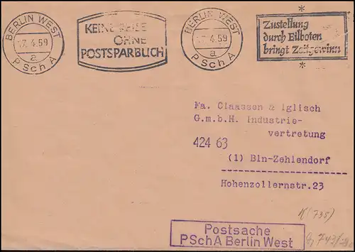 Postsache PSchA BERLIN WEST 14.4.59 nach Berlin-Zehlendorf Werbe-O Postsparbuch