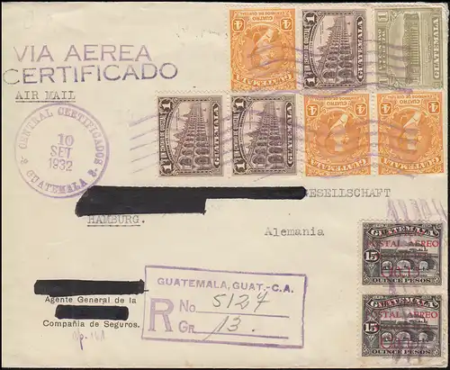 Guatemala R-Brief 10.9.1932 mit Flugpostmarke 2 Servicio Aereo nach Hamburg