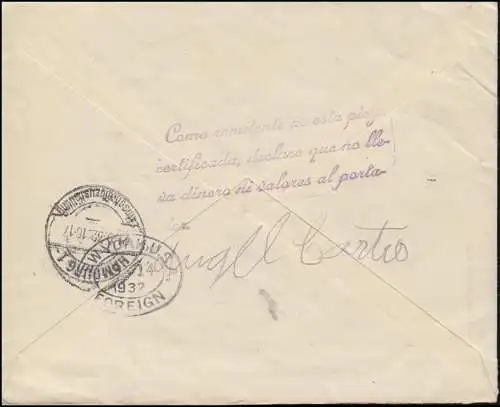 Guatemala Lettre R 10.9.1932 avec la marque de vol 2 Servicio Aereo à Hambourg