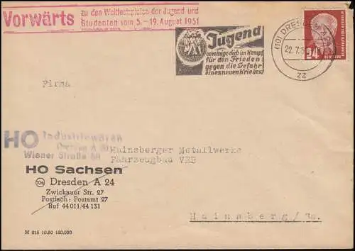 252 Pieck Ef Bf. Propagande et publicité-O Jeunesse pour la Paix DRESDEN 22.7.51