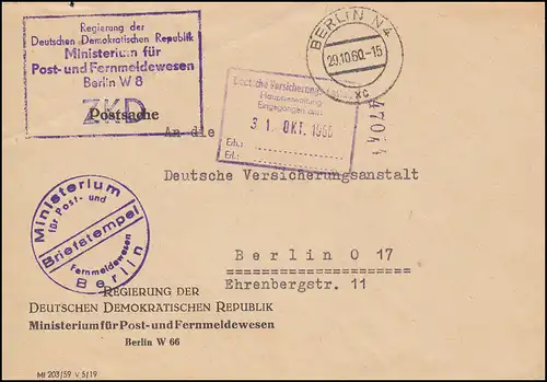 ZKD Gouvernement de la RDA - Ministère des Postes et Télécommunications BERLIN 20.10.60