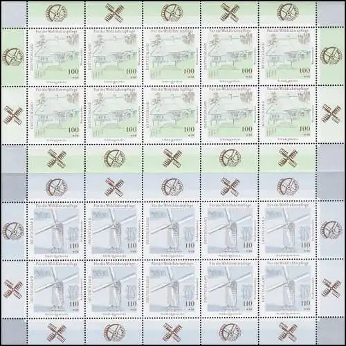 1948-1952 Wofa Wassermühlen / Windmühlen, 5 Werte komplett, 10er-Bogen-Satz, **