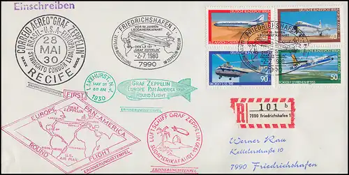 617-620 Luftfahrt-Satz Schmuck-R-Brief Zeppelin-Flüge SSt FRIEDRICHSHAFEN 2.7.80