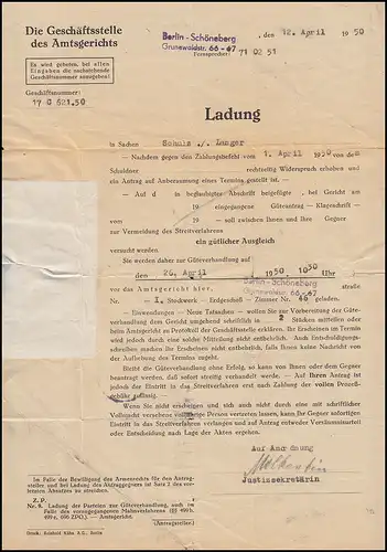 47I Berliner Bauern EF sur le site de la lettre du tribunal d'arrondissement BERLIN-SCHÖNEBERG 15,4,50