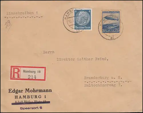 606 Flugpost Luftschiff Hindenburg 50 Pf. mit Zusatzfr. Brief HAMBURG 10.7.37