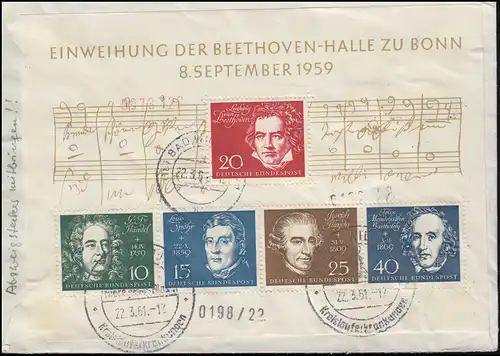 Bloc 2 Beethoven sur lettre express SSt BAD URBAN 22.3.61 sur WABER 22.3.