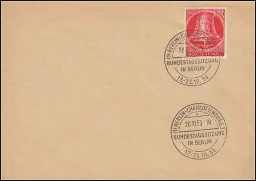 103 Glocke/Klöppel mittig auf Blanko-Brief SSt BERLIN Bundestagssitzung 20.10.55