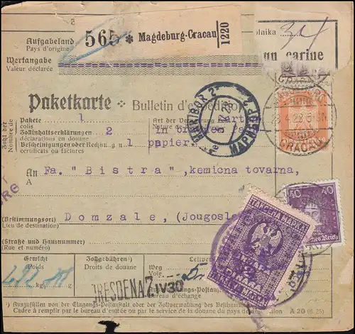 361 Adler +395 Leibnitz Paketkarte MAGDEBURG-CRACAU 28.4.28 nach DOMZALE 9.5.28