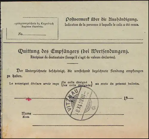 102+104 König Ludwig auf Auslands-Paketkarte FÜRTH 3.11.19 nach VITZNAU 8.11.