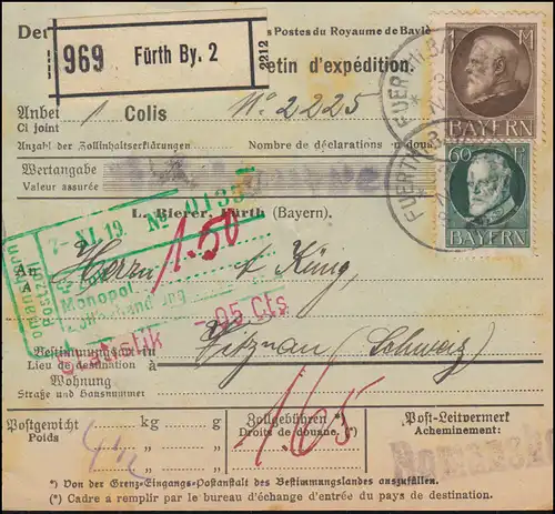 102+104 König Ludwig auf Auslands-Paketkarte FÜRTH 3.11.1919 nach VITZNAU 8.11.